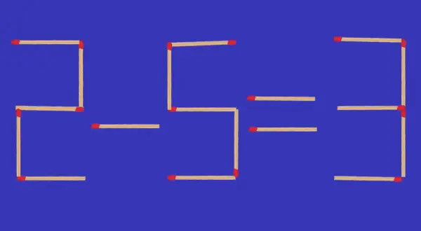 Zagadki matematyczne z zapałkami: 2-5=3. Jak znaleźć schemat? Liczby ułożone z zapałek na niebieskim tle.
