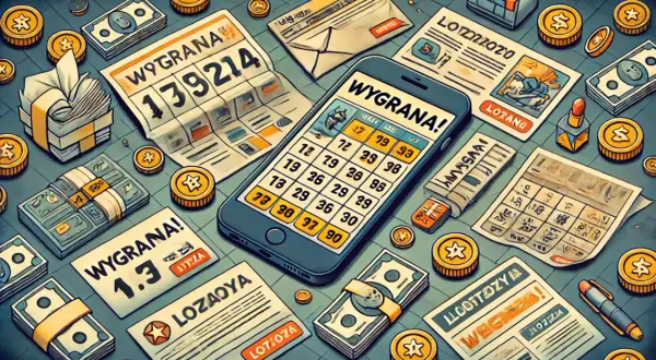 Telefon z napisem "WYGRANA!" i zaznaczonymi liczbami, obok gazety, pieniądze i monety. Czy loteriada informuje o wygranej?