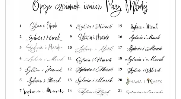 Przykłady czcionek do krzyżówki z hasłem głównym na prezent ślubny. Wiele opcji dla imion Pary Młodej.