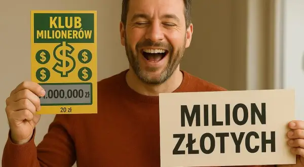 Szczęśliwy mężczyzna trzyma zdrapkę "Klub Milionerów" i tabliczkę "MILION ZŁOTYCH", świętując główne wygrane w zdrapkach.