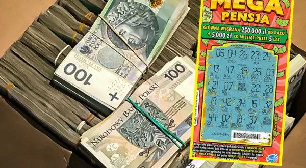 Stosy polskich banknotów i zdrapka "Mega Pensja". Czy zniszczona zdrapka z widocznym kodem kreskowym jest ważna?