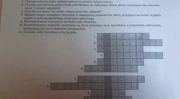 Fragment krzyżówki z numerowanymi polami i listą haseł dotyczących chorób skóry.