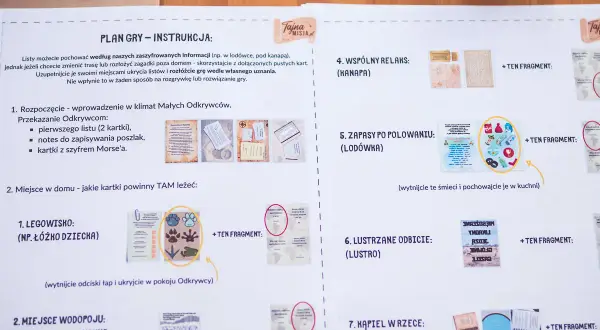 Instrukcja gry "Tajne Misje" podpowiada, jak przygotować zagadki na podchody w lesie dla dzieci. Znajdziesz tu pomysły na ukrycie listów i szyfrowanie wiadomości.
