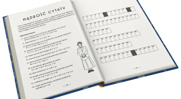 Zagadki detektywistyczne schematy dedukcji Agathy Christie. Książka z krzyżówką i ilustracją postaci w kapeluszu.