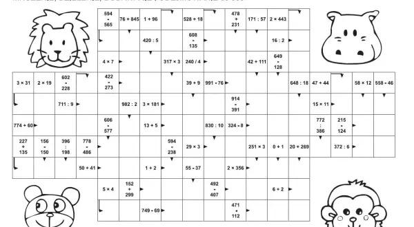 Krzyżówki matematyczne dla dzieci sprawdzony sposób na logiczne myślenie. Plansza z zadaniami arytmetycznymi i wizerunkami zwierząt.