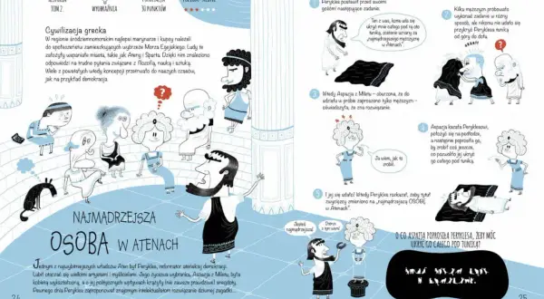 Ilustracja pokazuje, jak mistrz gry projektuje zagadki w grach RPG, prezentując starożytną grecką zagadkę o Peryklesie i Aspazji.