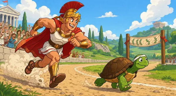 Achilles biegnie za żółwiem, ilustracja do paradoksów Zenona z Elei, pokazująca, dlaczego Achilles nie dogoni żółwia.