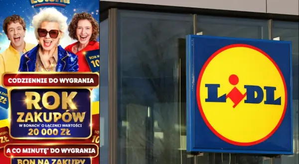 Plakat Lidla zaprasza do loterii z nagrodami, w tym rokiem zakupów. Regulamin loterii Lidl dostępny na stronie.