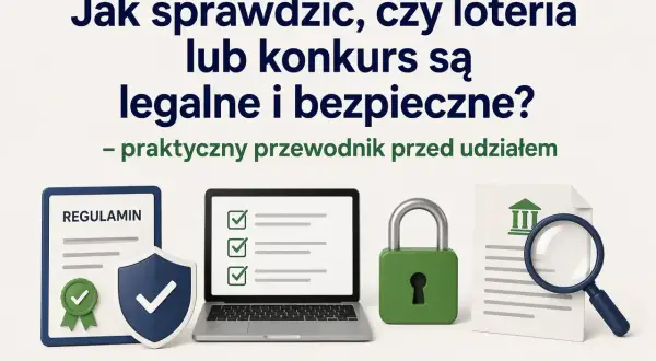 Jak sprawdzić, czy organizator internetowej loterii ma oficjalne zezwolenie izby? Grafika pokazuje regulamin, laptop z listą, kłódkę i dokument z lupą.