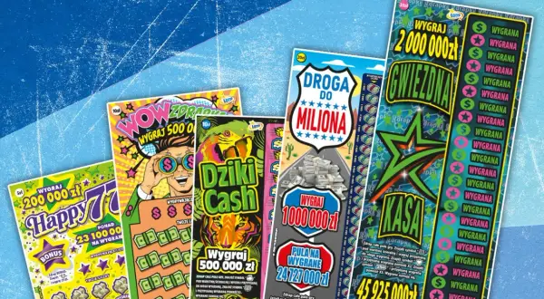Kupony lotto zdrapki z różnymi nagrodami, od 200 000 zł do 45 925 000 zł.