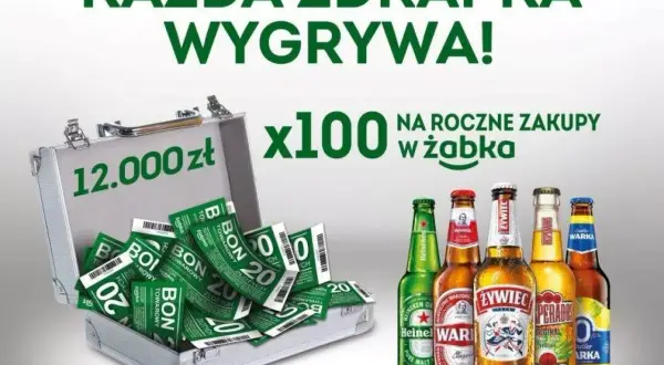 Walizka pełna bonów na zakupy w Żabce, symbolizująca wyczerpaną pulę zdrapki. 100 x 12.000 zł na roczne zakupy.