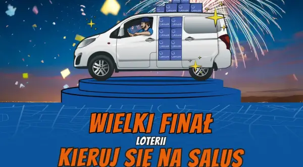Biały van pełen paczek z logo "SALUS" na niebieskim podeście, fajerwerki i konfetti. Wielki finał loterii, kieruj się na Salus!