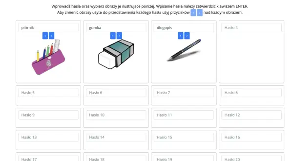 Narzędzie do tworzenia krzyżówek edukacyjnych dla nauczycieli. Wpisz hasła, np. piórnik, gumka, długopis, i wybierz pasujące obrazki.