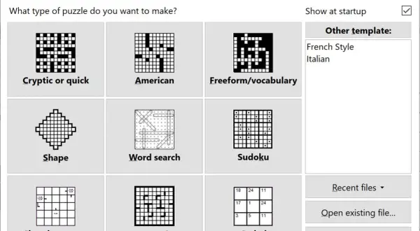 Interfejs programu do tworzenia krzyżówek. Wybór typu łamigłówki, np. "Cryptic or quick", "American", "Freeform/vocabulary", "Shape", "Word search", "Sudoku", "Clues in squares", "Barred", "Coded". Pokazuje, jak działają algorytmy w generatorach krzyżó...