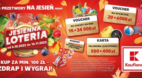 Jesienna loteria Kaufland: kup za min. 100 zł, zdrap i wygraj! Sprawdź kod na jesiennaloteriakaufland.pl.