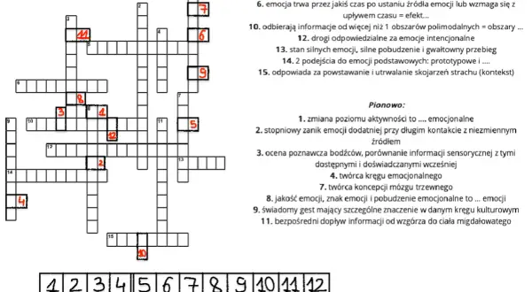 Krzyżówki dla dyslektyków czy pomagają w terapii zaburzeń czytania? Obraz przedstawia krzyżówkę z pytaniami dotyczącymi emocji.