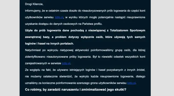 Fragment tekstu informujący o nieautoryzowanych próbach logowania do serwisu lotto.pl.