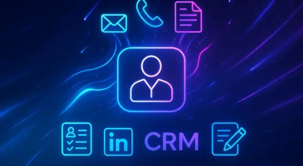 Loteria na targach branżowych to skuteczny sposób na pozyskanie leadów B2B. Ikony kontaktu, CRM i LinkedIn.
