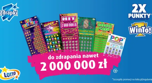 Kolekcja nowych zdrapek Lotto: Super Crazy Liczby, Super Gwiazda, Hit, Szlifon dla Ciebie, Papaya Cash i POP. Możliwość wygrania nawet 2 000 000 zł.
