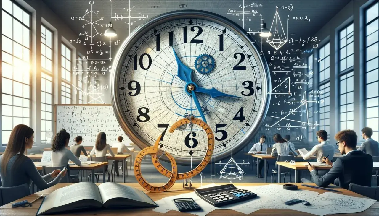 Klasa rozwiązuje zagadki z wykorzystaniem zegara, jak obliczyć kąty między wskazówkami. W tle wzory matematyczne.