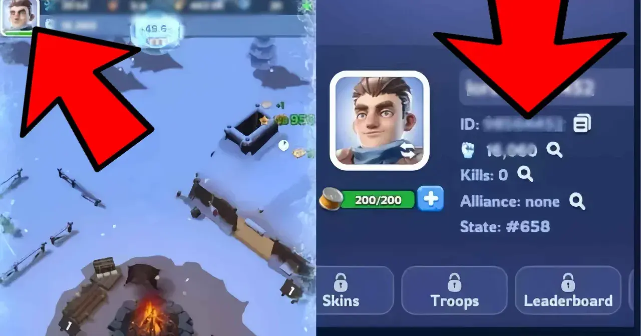 Gra strategiczna z zimowym motywem, gdzie zdobywasz nagrody za kody. Widoczny profil gracza i mapa z zasobami.