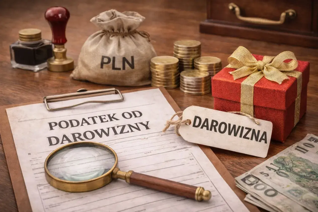 Darowizna dla rodziny z wygranej w lotto. Dokument "Podatek od darowizny", worek z PLN, monety, prezent i banknoty.