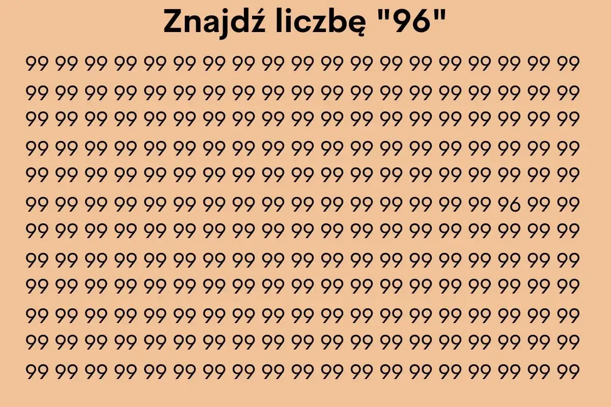 Zagraj w grę: zagadki na spostrzegawczość ukryte obiekty i iluzje optyczne. Znajdź liczbę "96" wśród wielu dziewiątek.