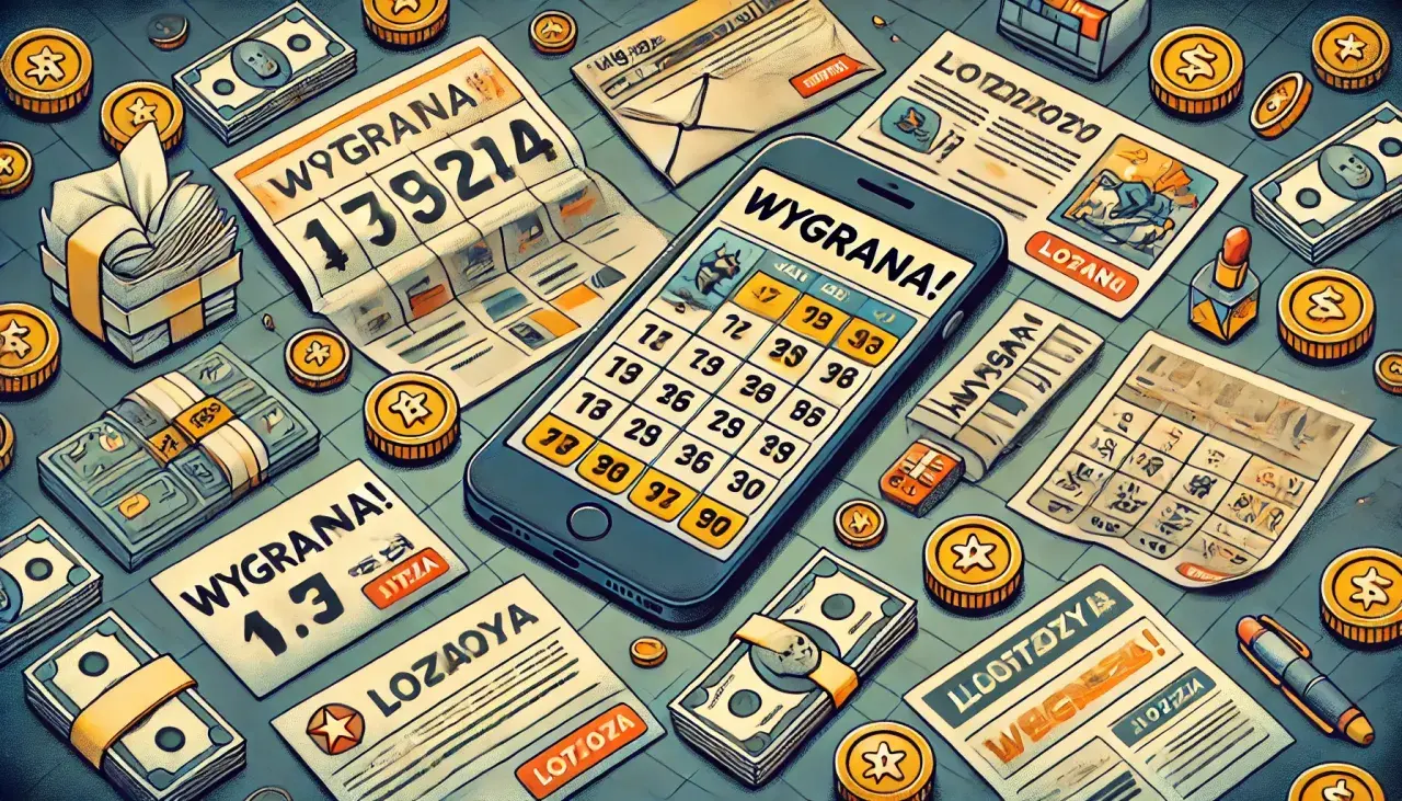 Telefon z napisem "WYGRANA!" i zaznaczonymi liczbami, obok gazety, pieniądze i monety. Czy loteriada informuje o wygranej?