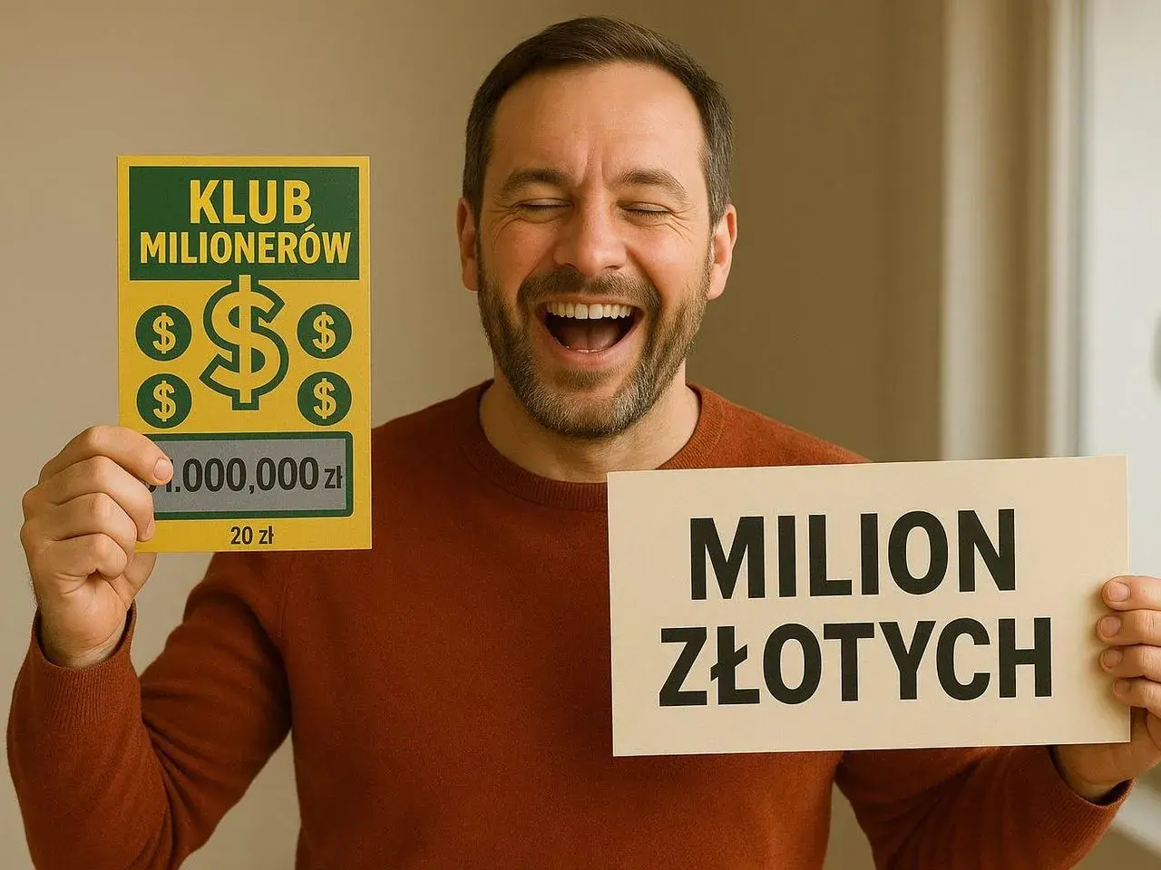 Szczęśliwy mężczyzna trzyma zdrapkę "Klub Milionerów" i tabliczkę "MILION ZŁOTYCH", świętując główne wygrane w zdrapkach.