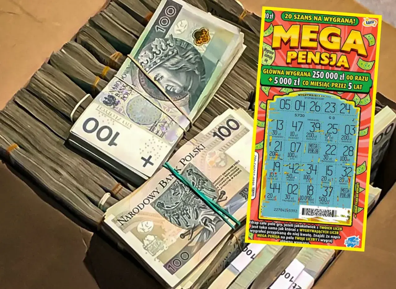 Stosy polskich banknotów i zdrapka "Mega Pensja". Czy zniszczona zdrapka z widocznym kodem kreskowym jest ważna?