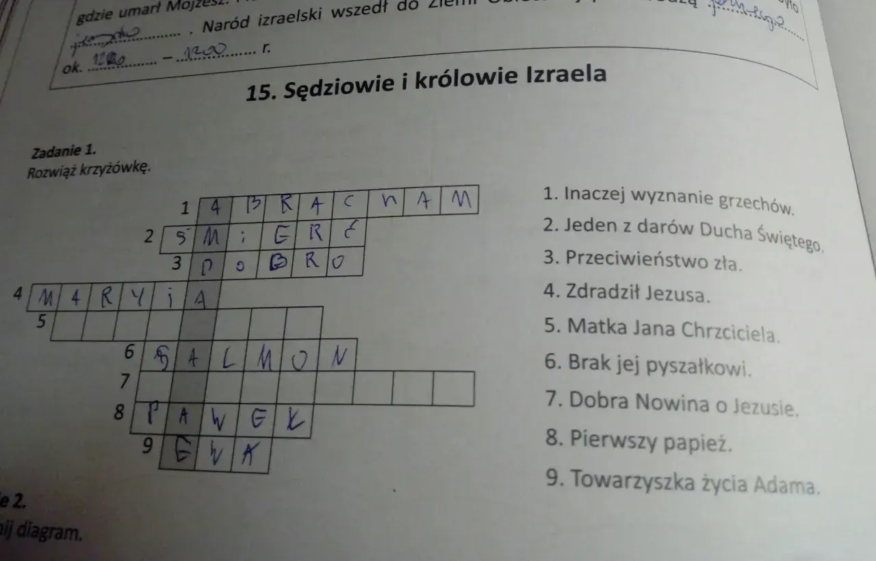 Rozwiązana krzyżówka biblijna, gdzie zasady układania diagramu krzyżówki, dbanie o symetrię i czarne pola są kluczowe.