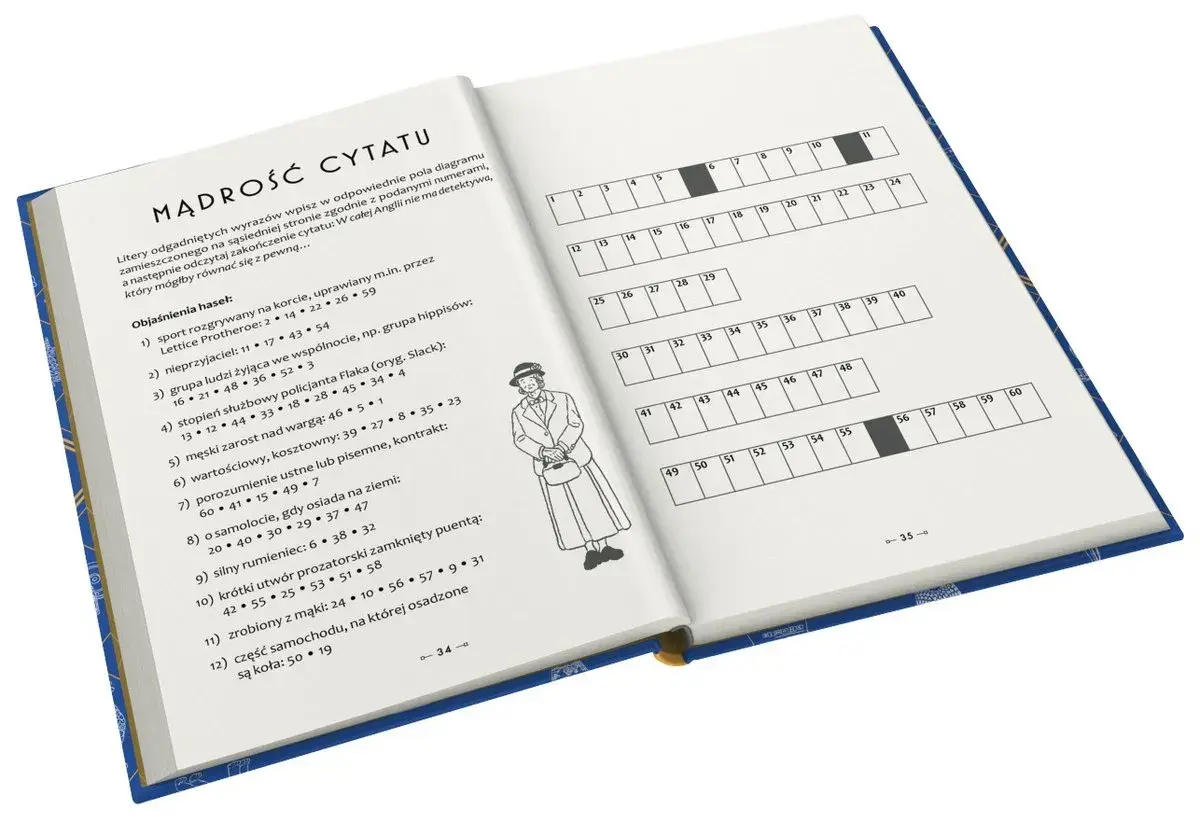 Zagadki detektywistyczne schematy dedukcji Agathy Christie. Książka z krzyżówką i ilustracją postaci w kapeluszu.