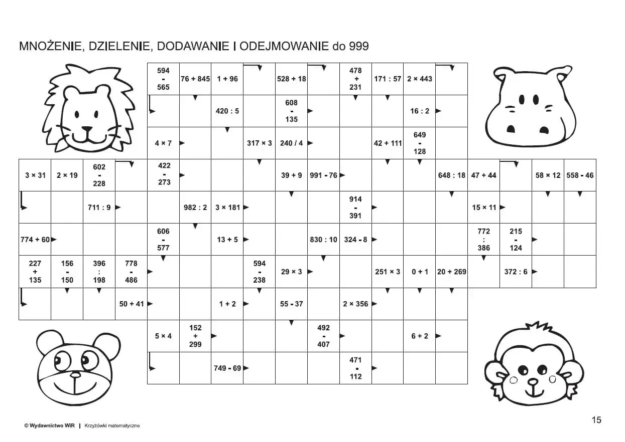 Krzyżówki matematyczne dla dzieci sprawdzony sposób na logiczne myślenie. Plansza z zadaniami arytmetycznymi i wizerunkami zwierząt.