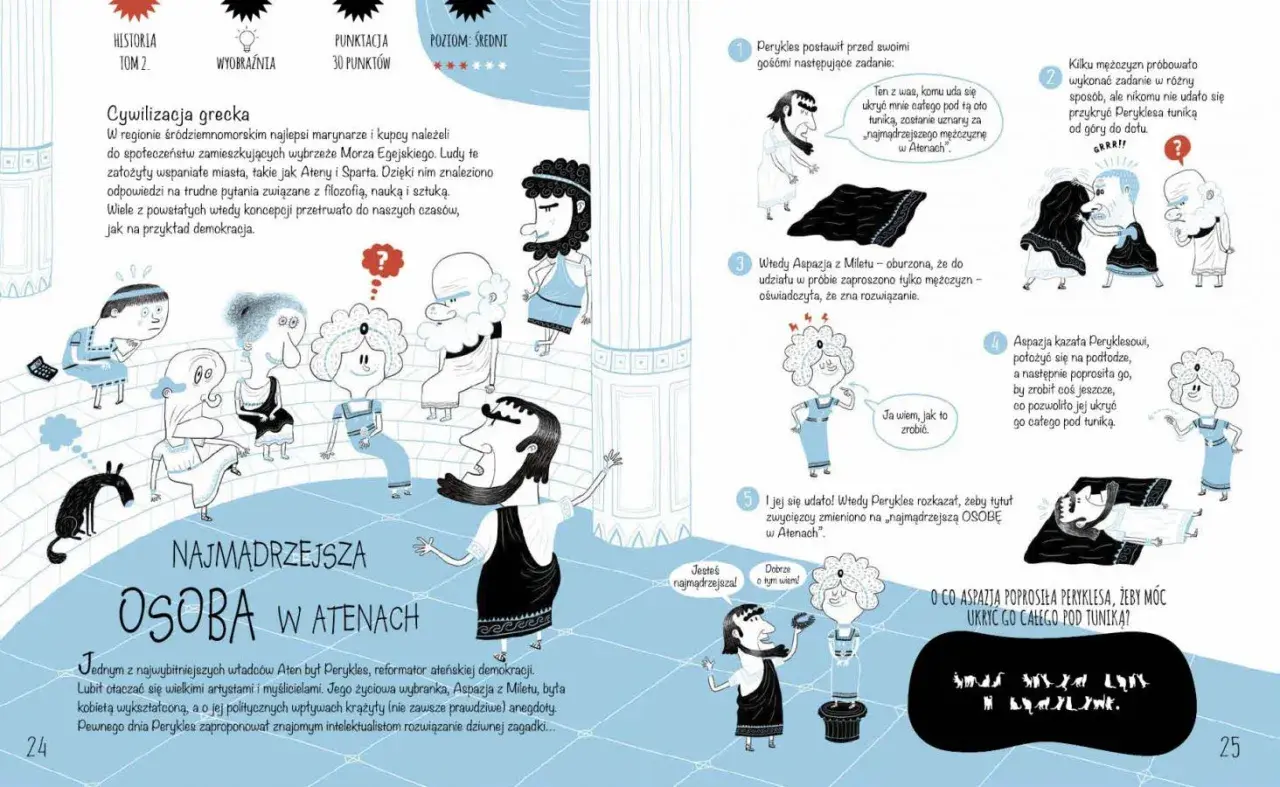 Ilustracja pokazuje, jak mistrz gry projektuje zagadki w grach RPG, prezentując starożytną grecką zagadkę o Peryklesie i Aspazji.