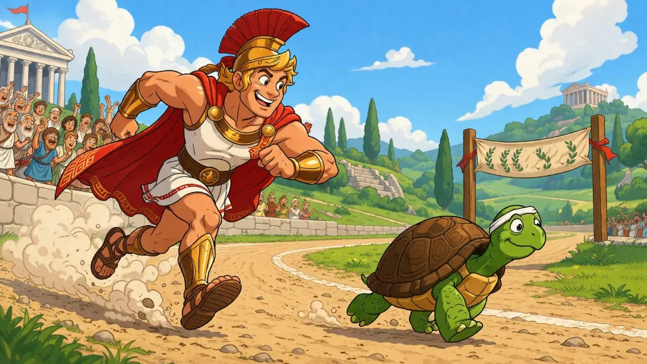 Achilles biegnie za żółwiem, ilustracja do paradoksów Zenona z Elei, pokazująca, dlaczego Achilles nie dogoni żółwia.