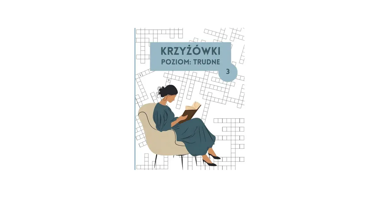 Ilustracja kobiety rozwiązującej krzyżówkę na tle siatki z polami do wypełnienia.