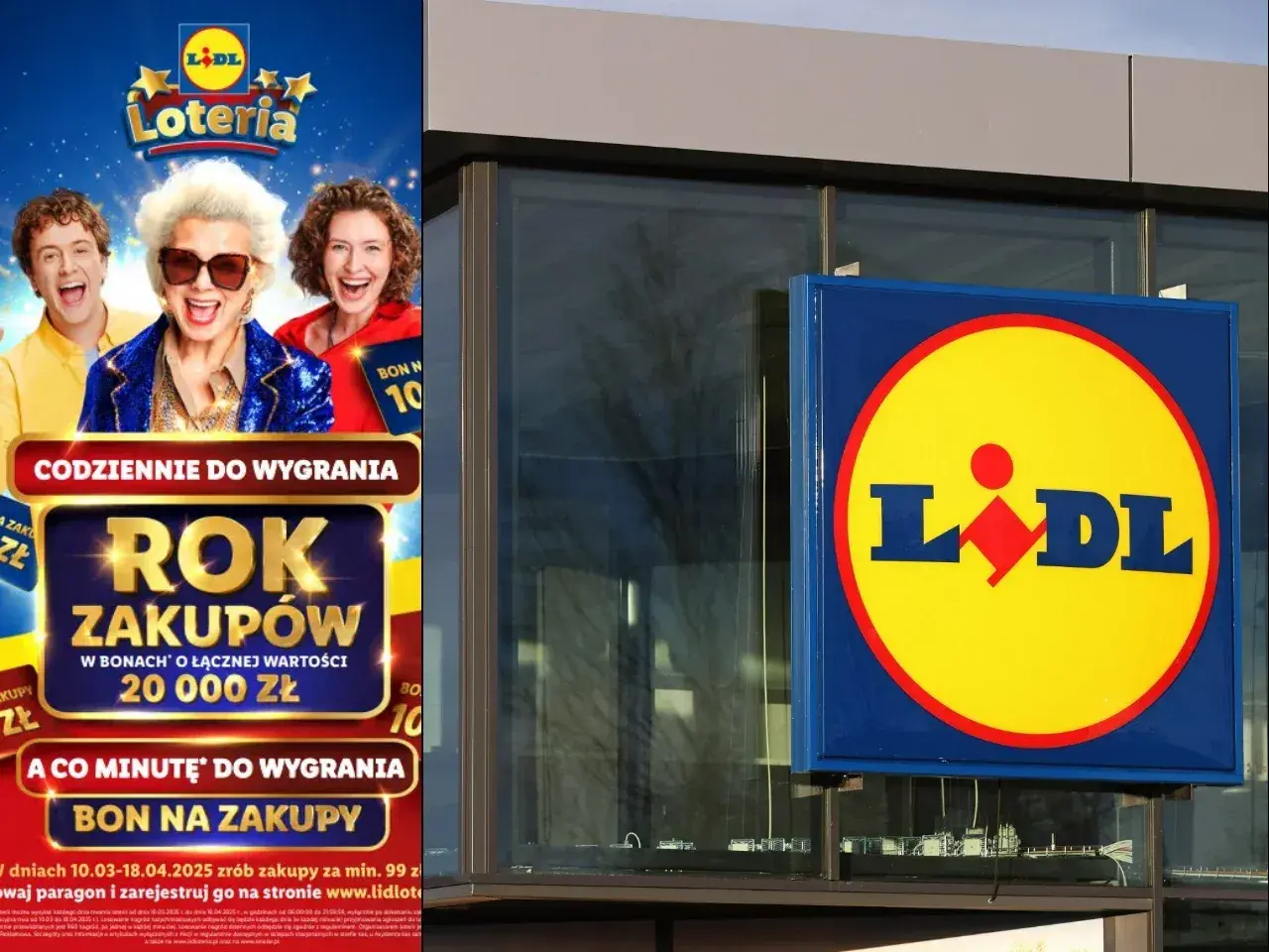 Plakat Lidla zaprasza do loterii z nagrodami, w tym rokiem zakupów. Regulamin loterii Lidl dostępny na stronie.