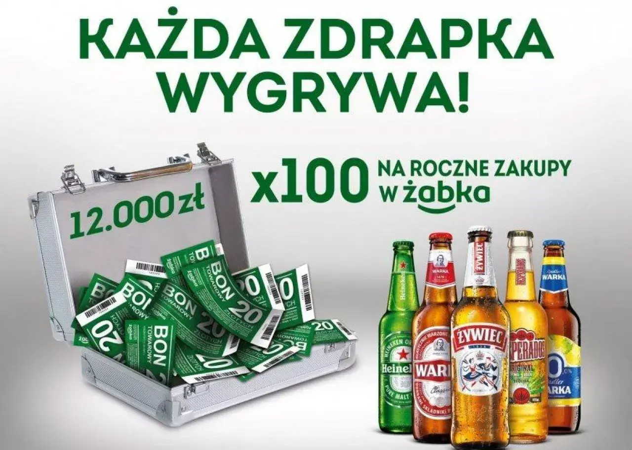 Walizka pełna bonów na zakupy w Żabce, symbolizująca wyczerpaną pulę zdrapki. 100 x 12.000 zł na roczne zakupy.