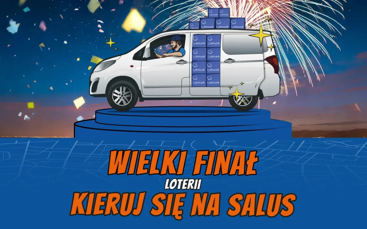 Biały van pełen paczek z logo "SALUS" na niebieskim podeście, fajerwerki i konfetti. Wielki finał loterii, kieruj się na Salus!