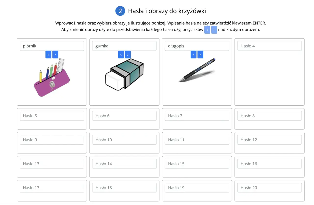 Narzędzie do tworzenia krzyżówek edukacyjnych dla nauczycieli. Wpisz hasła, np. piórnik, gumka, długopis, i wybierz pasujące obrazki.