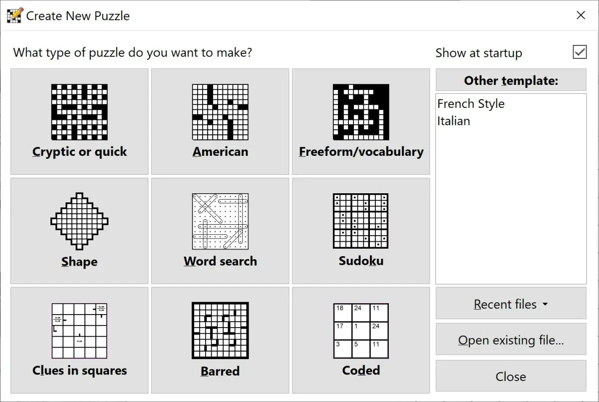 Interfejs programu do tworzenia krzyżówek. Wybór typu łamigłówki, np. "Cryptic or quick", "American", "Freeform/vocabulary", "Shape", "Word search", "Sudoku", "Clues in squares", "Barred", "Coded". Pokazuje, jak działają algorytmy w generatorach krzyżó...