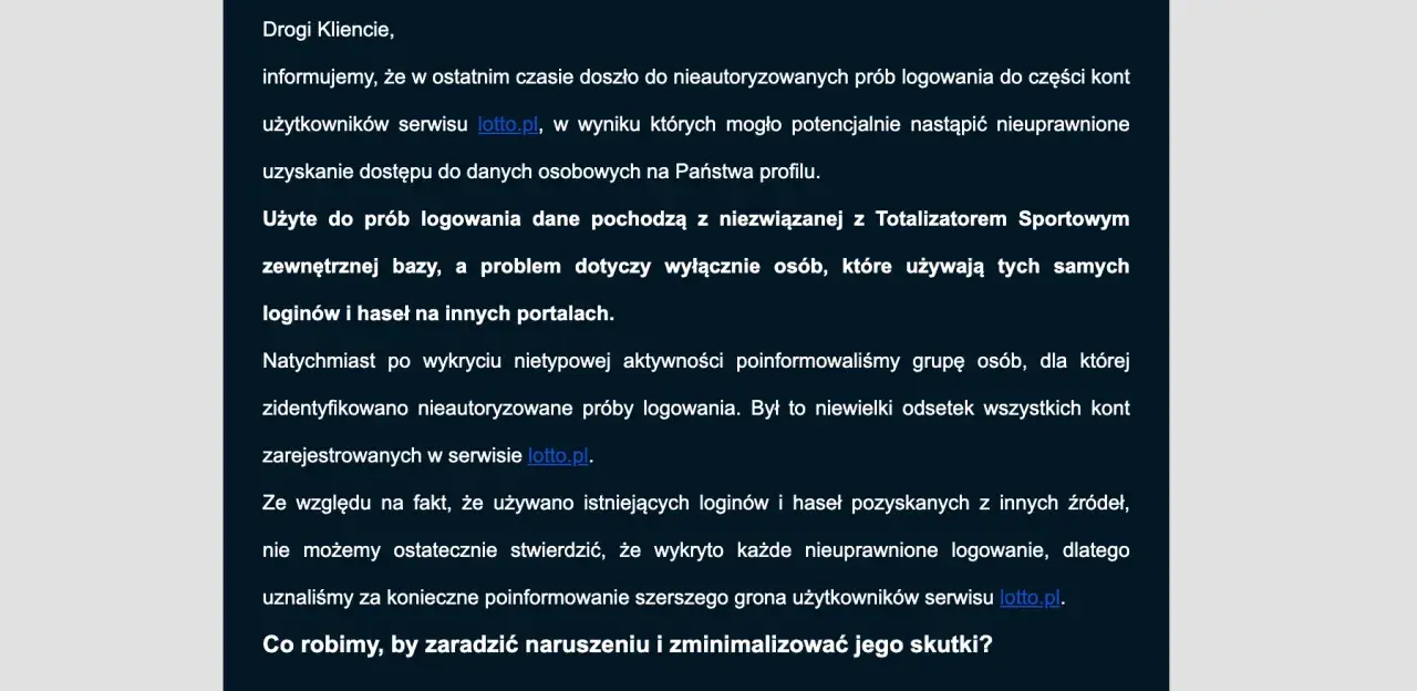 Fragment tekstu informujący o nieautoryzowanych próbach logowania do serwisu lotto.pl.
