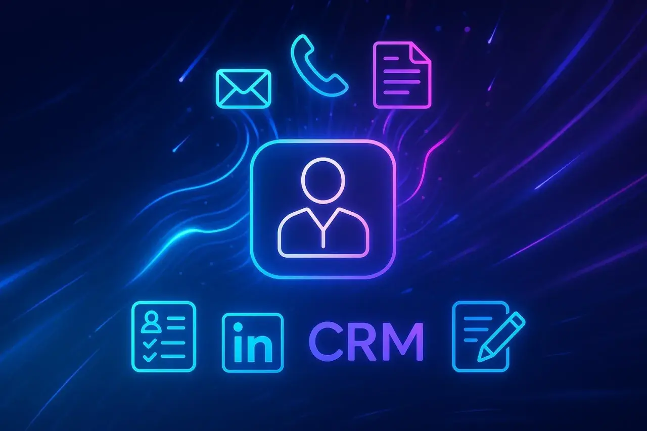 Loteria na targach branżowych to skuteczny sposób na pozyskanie leadów B2B. Ikony kontaktu, CRM i LinkedIn.