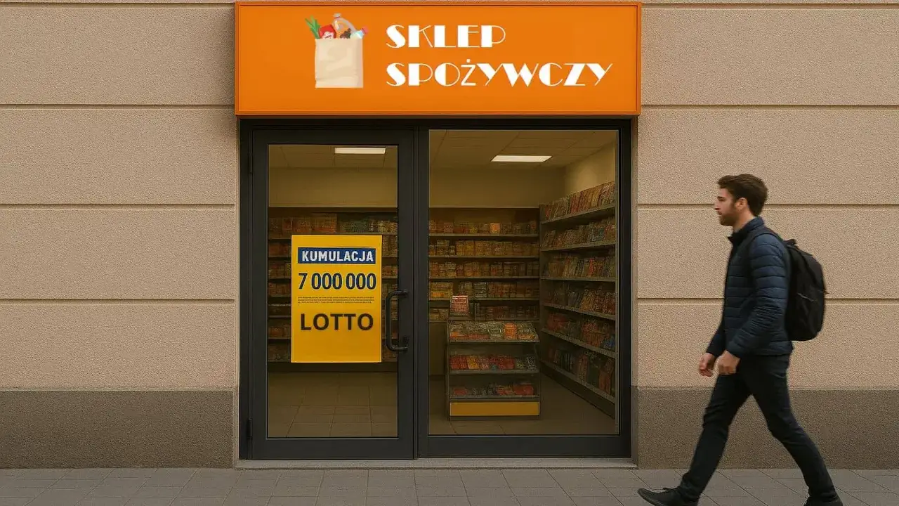 Sklep spożywczy z informacją o kumulacji Lotto. Sprawdź, do której godziny można wysłać lotto w kolekturze, zanim zrobisz zakupy.