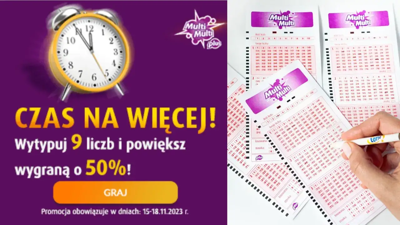 Tabela wygranych w Multi Multi. Ręka zaznacza liczby na kuponie lotto, obok budzik i hasło 