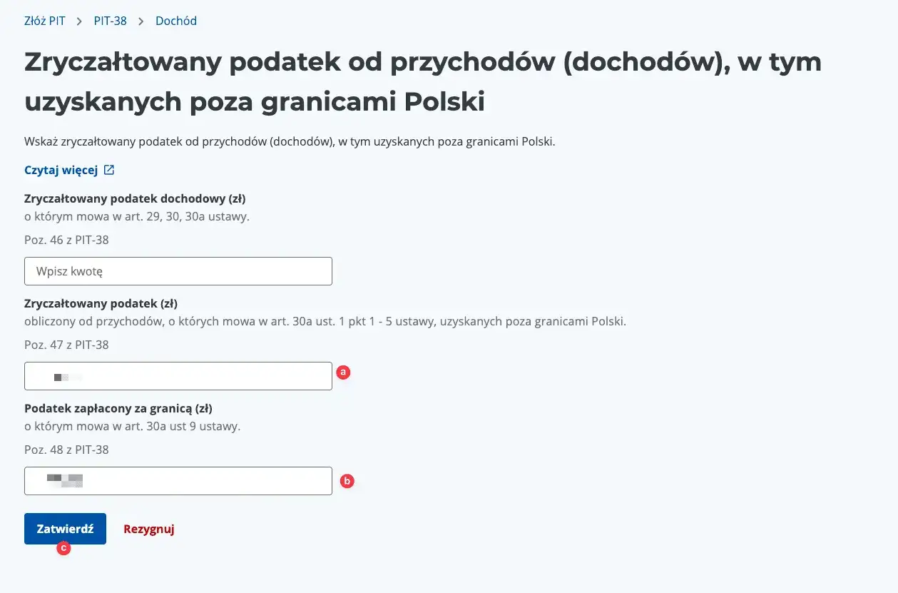 Formularz PIT-38: wpisz podatek dochodowy i zapłacony za granicą, by uniknąć podwójnego opodatkowania wygranej w zagranicznej loterii.