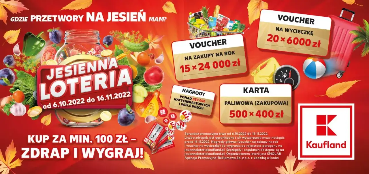 Jesienna loteria Kaufland: kup za min. 100 zł, zdrap i wygraj! Sprawdź kod na jesiennaloteriakaufland.pl.