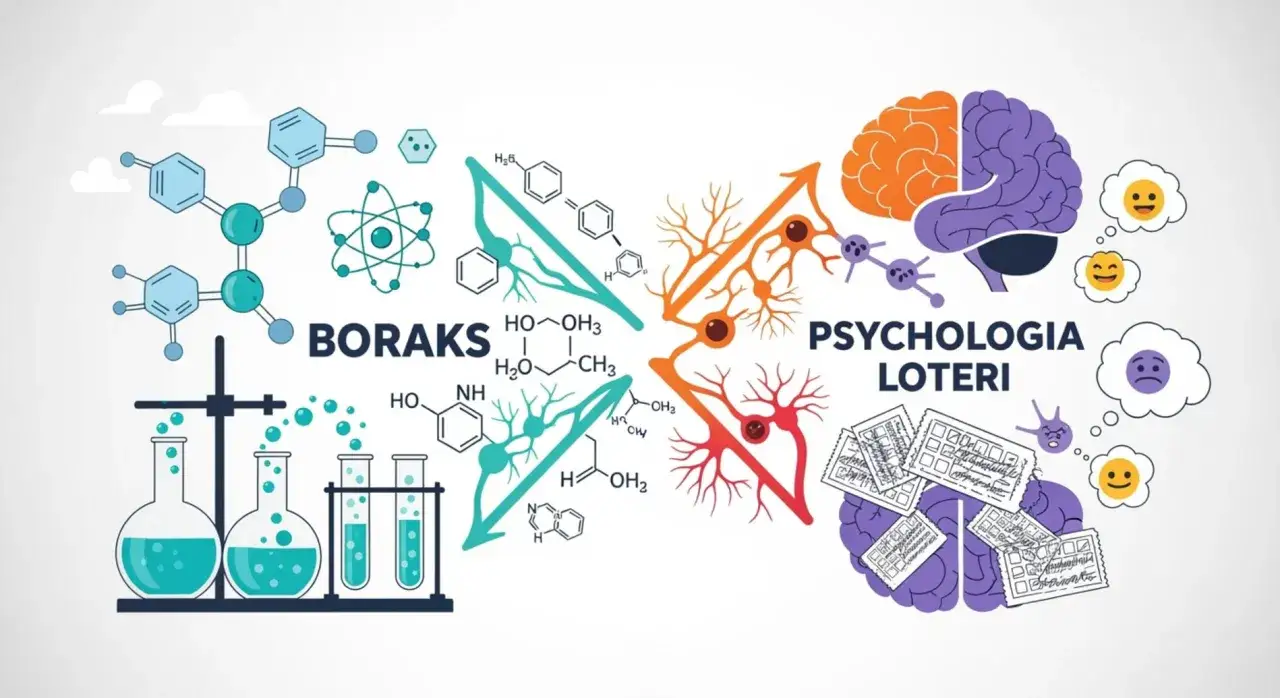 Psychologia gracza: dlaczego kupujemy losy? Obrazek przedstawia mózg z neuronami, próbówki i wzory chemiczne, symbolizujące analizę umysłu gracza.