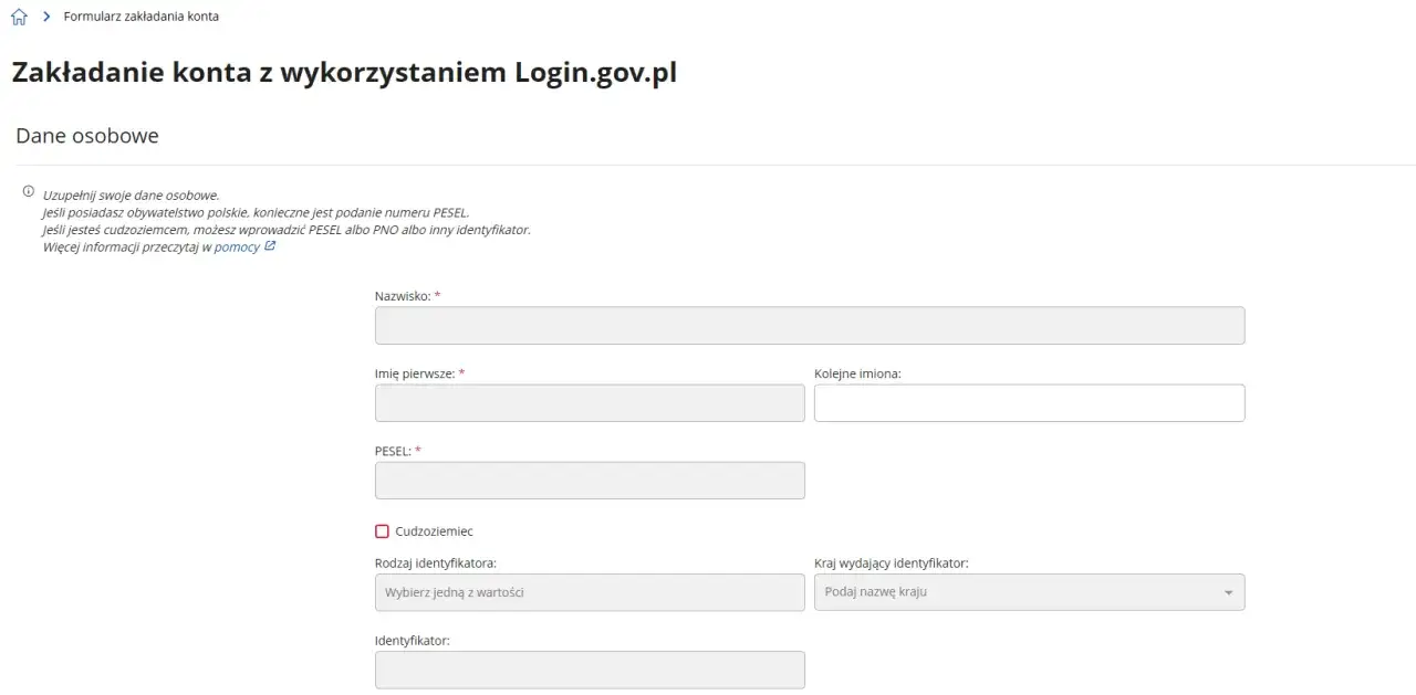 Formularz zakładania konta z wykorzystaniem Login.gov.pl. Wpisz dane osobowe, w tym PESEL, aby dokończyć rejestrację na loteriada.pl.