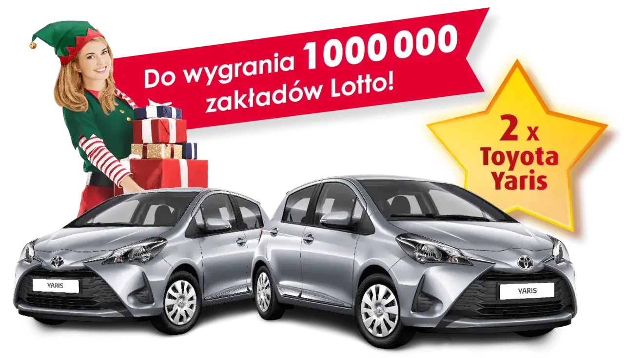 Świąteczna loteria Lotto: wygraj 1 000 000 zakładów i 2 Toyoty Yaris! Elfka z prezentami zaprasza do zabawy.